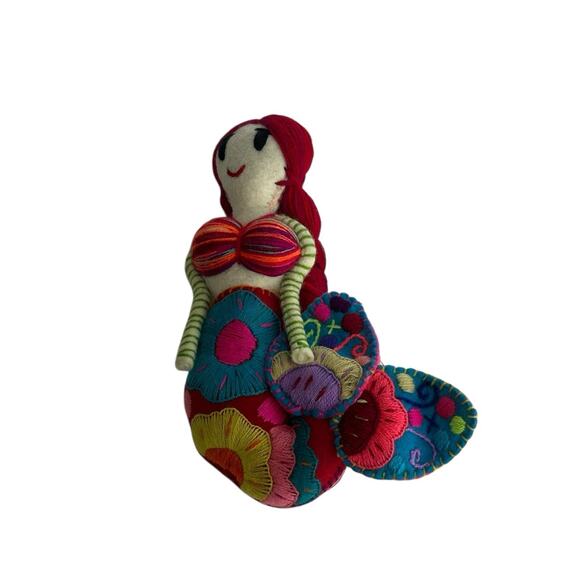 Mermaid Doll Mexican Embroidered Colorful Flowers Yarn Felt Handmade - Picture 1 of 6